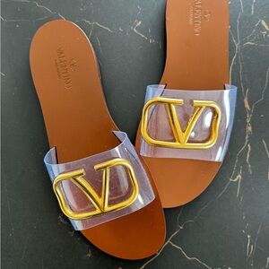 Valentino Women's Brown and Gold Slide Sandals